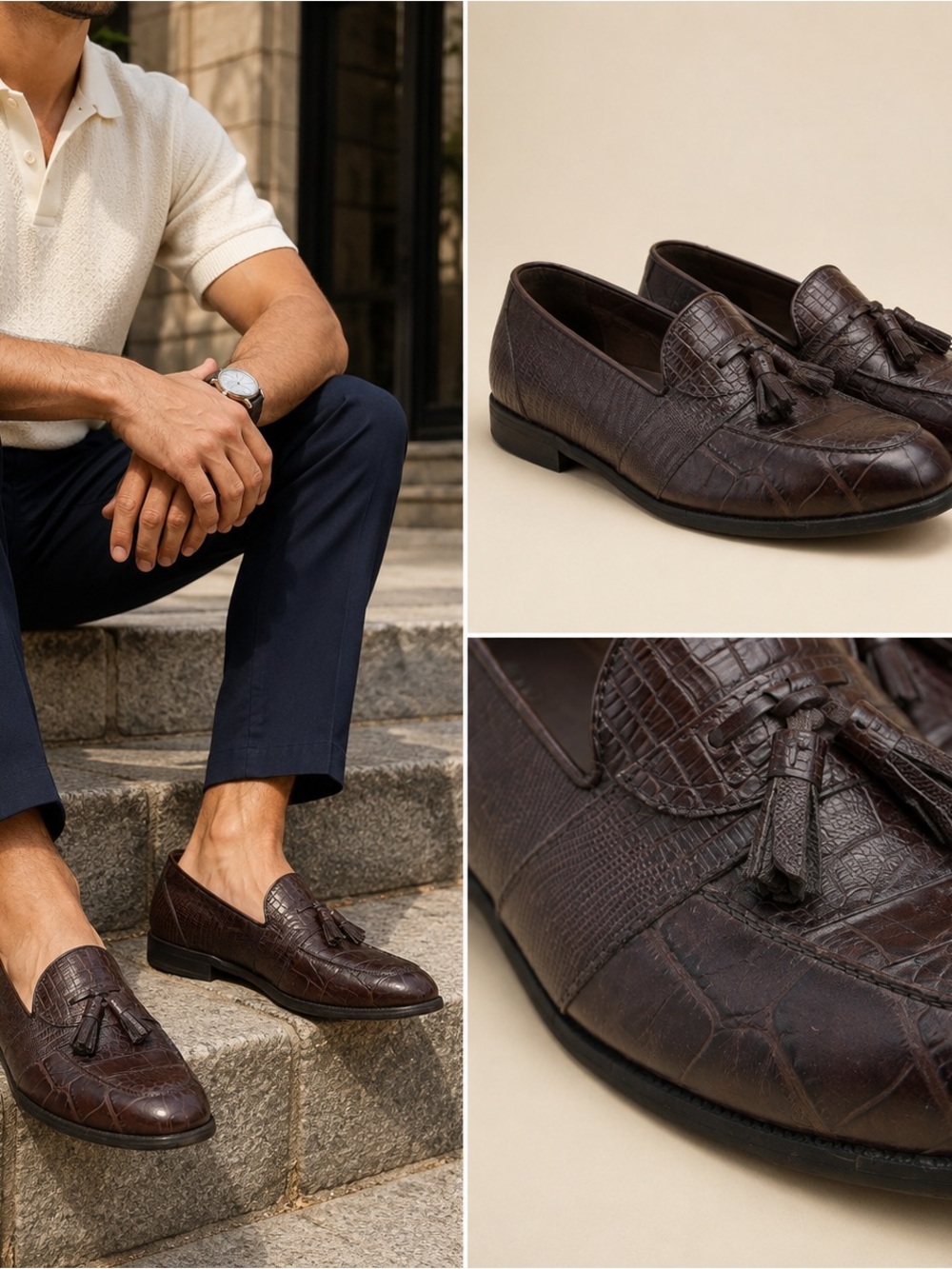 Stacy Adams Loafers 8.5 M Brown Genuine Snakeskin Leather Tassel Dress Shoes